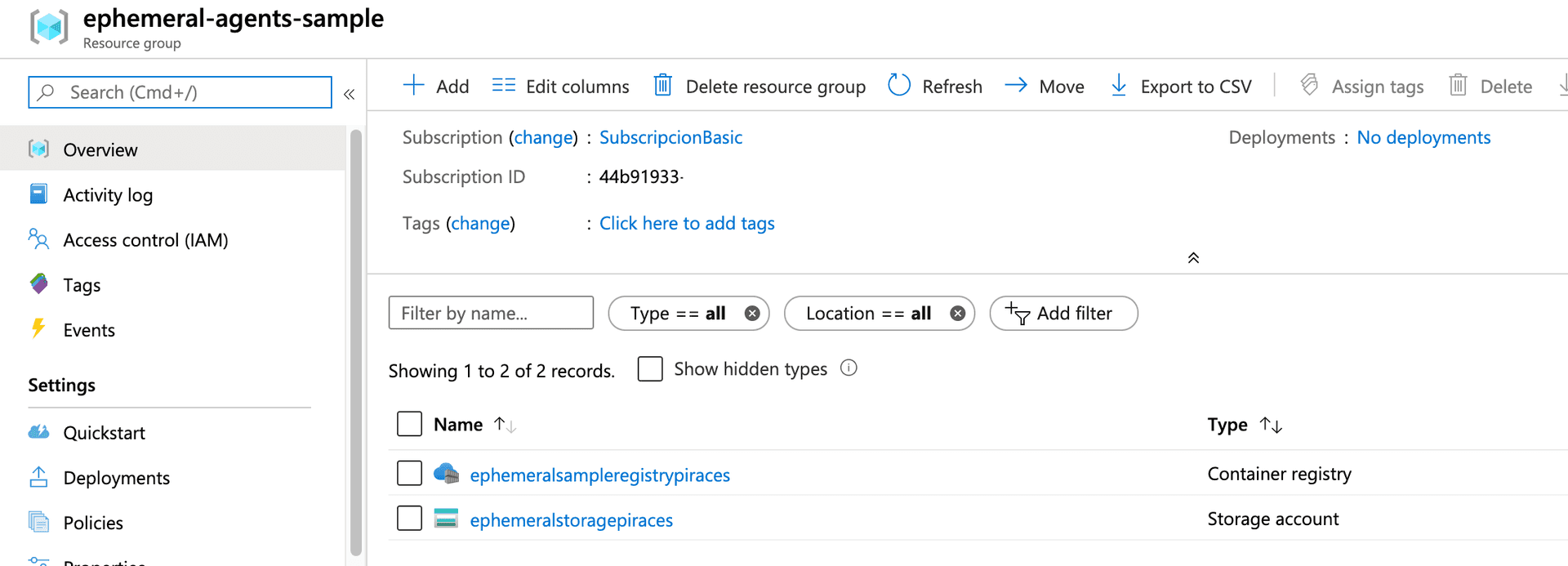 Resource group for ACR and Storage account