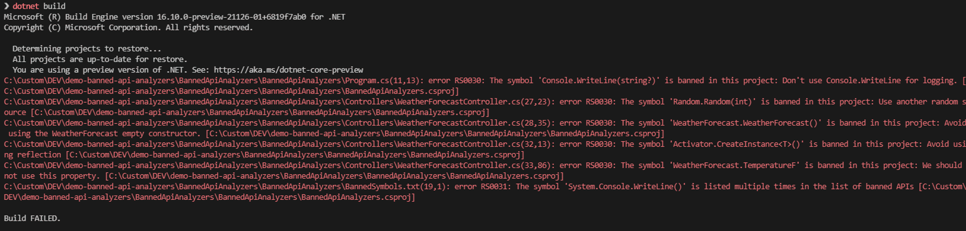 dotnet CLI warnings/errors